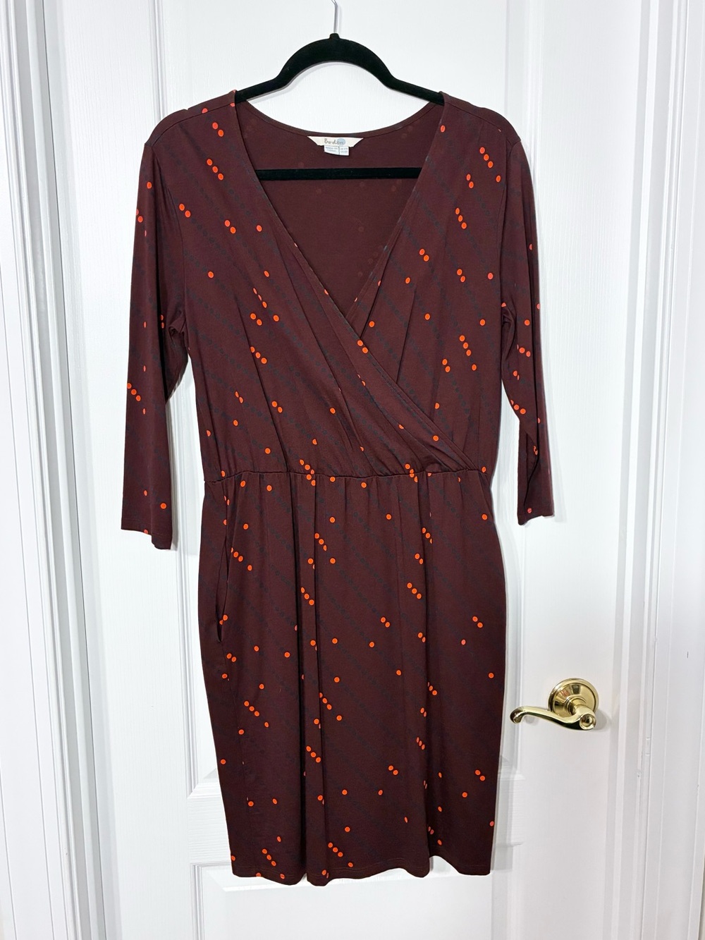 Boden Dot Print Faux Wrap 3/4 Sleeve Jersey Knit Dress Dark Red Orange Navy Sz 8